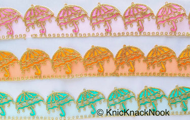 Blue / Orange / Pink Tissue Sheer Fabric Trim With Embroidered Pink & Gold Umbrella, Scallop Trim, Approx. 48mm Wide